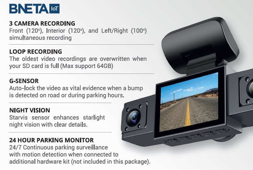 tomtom 様　BBB BNETA IoT F300 2MP DashCam – 3 Channel Simultaneous recording